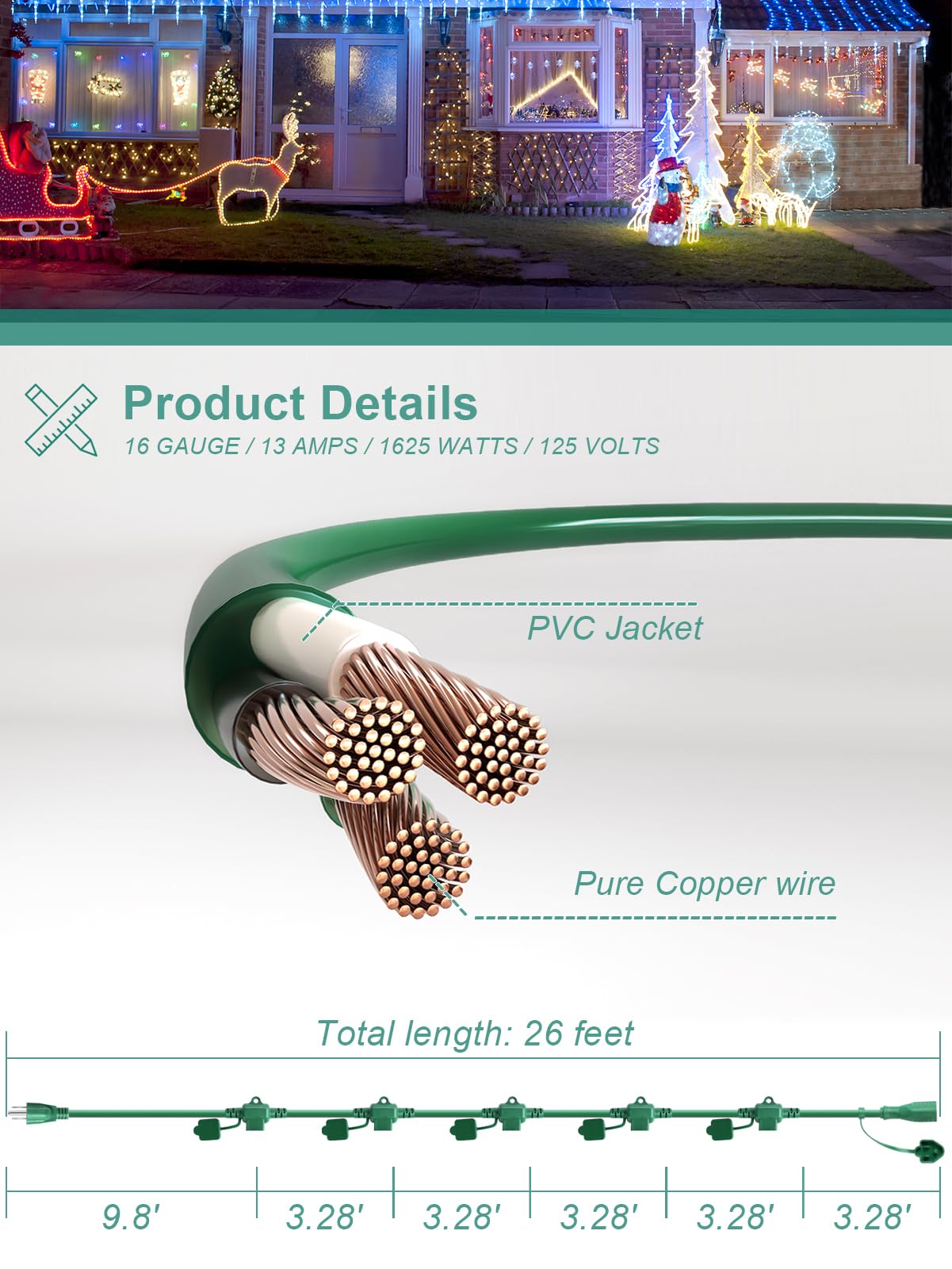 Outdoor Extension Cord With Multiple Outlets, 25Ft Green Christmas Light Extension Cord Outside, Evenly Spaced 6 Plugs, 16/3 Sjt